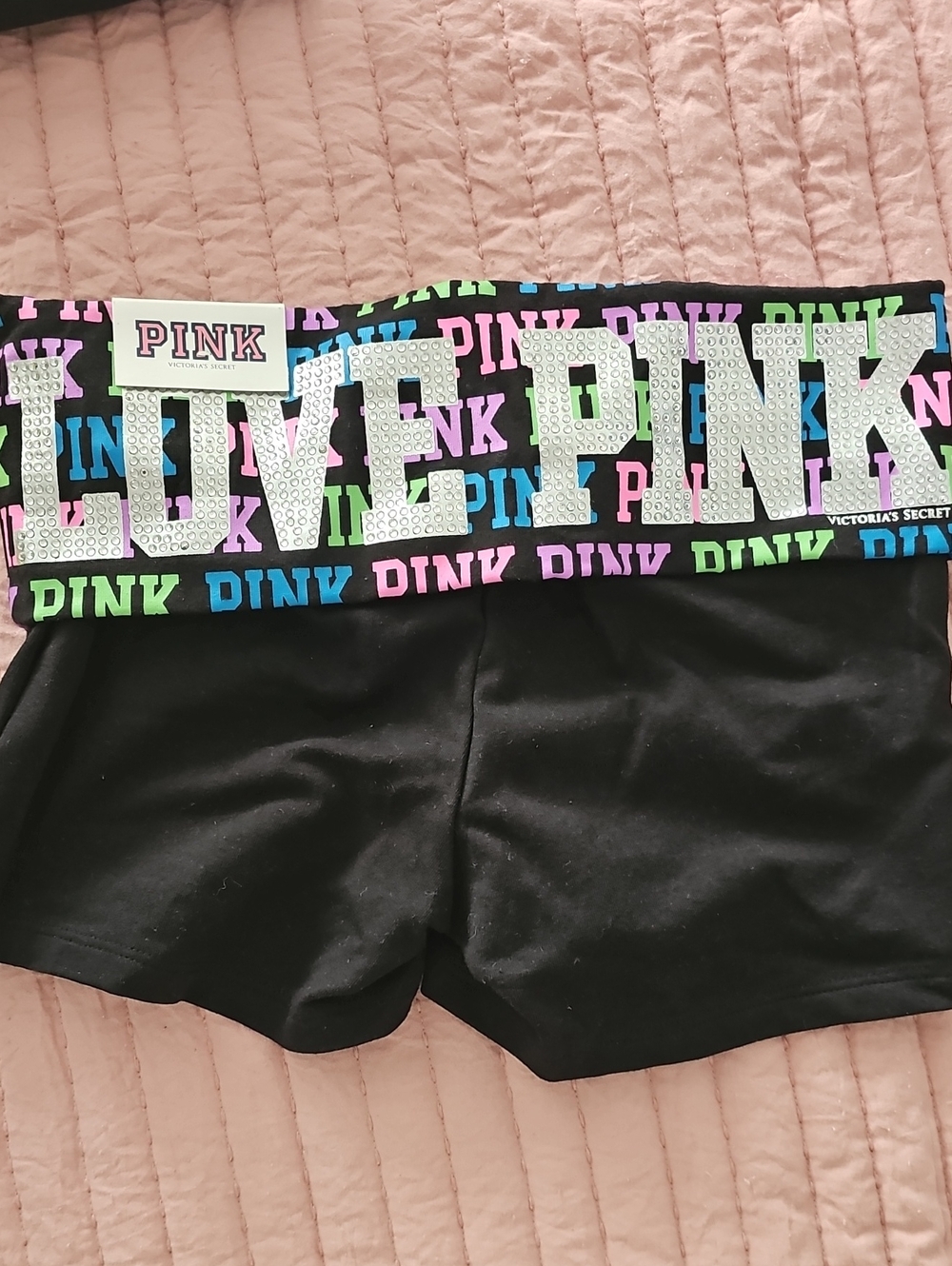 NWT PINK Victoria's Secret Black Yoga shorts Neon Logo and Rhinestones Sz XS
